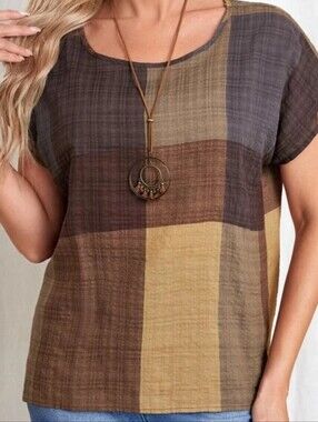 Emery Rose Short Sleeve Multicolor Block Plaid Patchwork Fall Earthy Granola